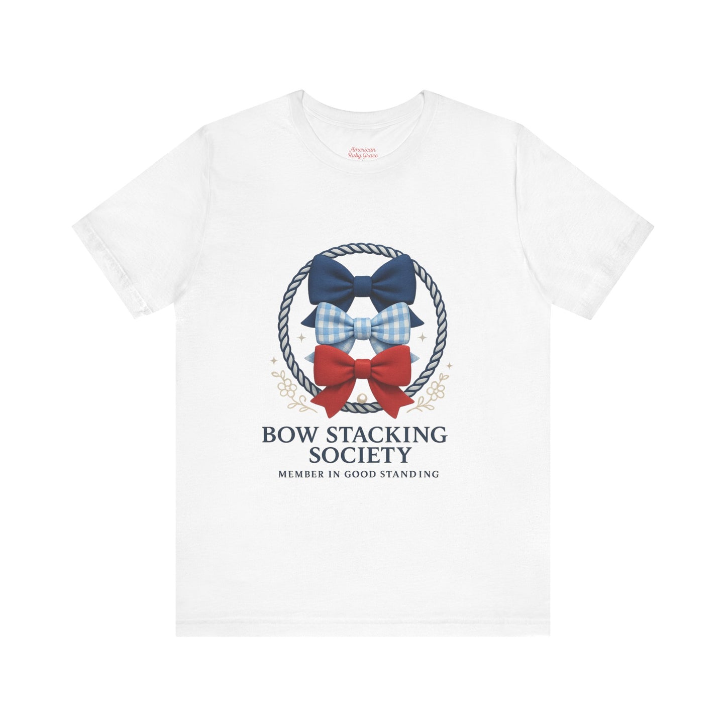 White T-shirt featuring Bow Stacking Society logo with stacked bows in red and blue and rope motif.