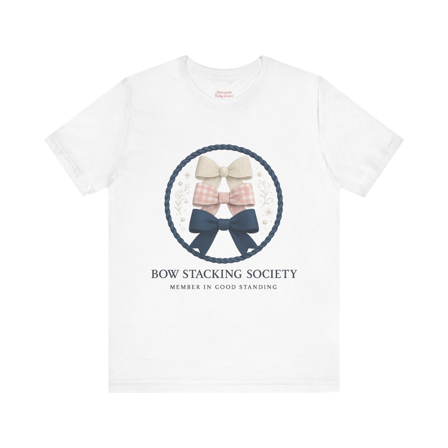 White T-shirt featuring Bow Stacking Society graphic with stacked bows and rope motif.