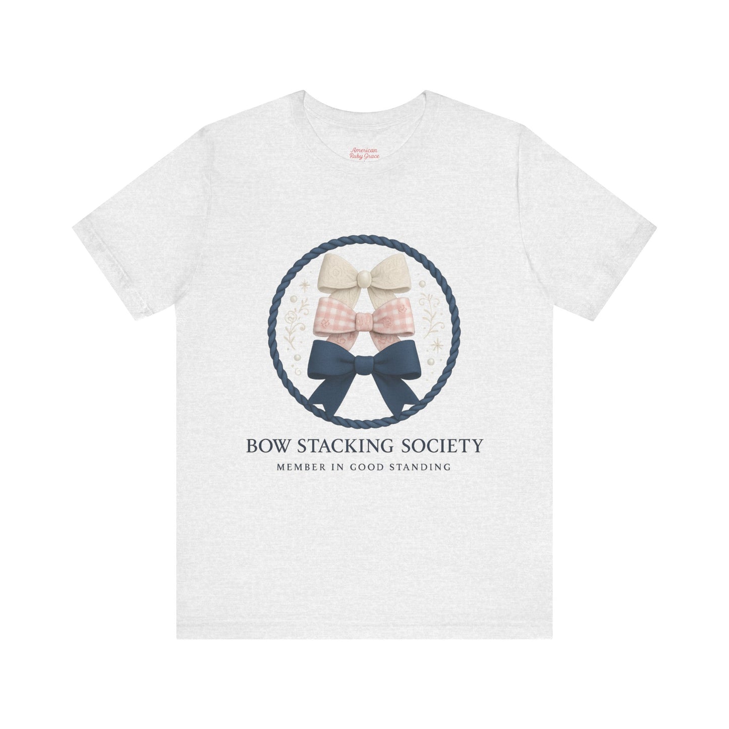 Heather gray T-shirt featuring Bow Stacking Society graphic with stacked bows and rope motif.