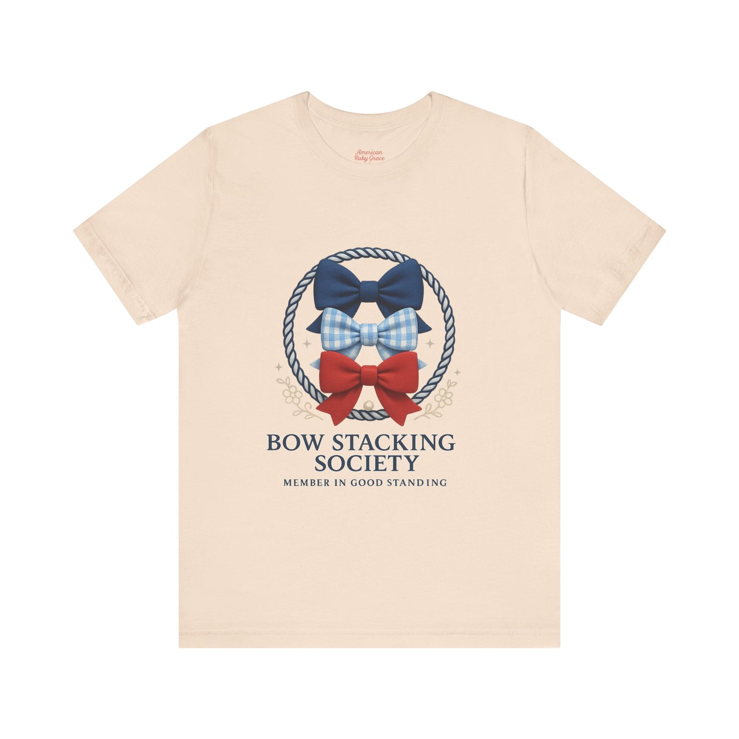 White T-shirt featuring Bow Stacking Society logo with stacked bows in red and blue and rope motif.